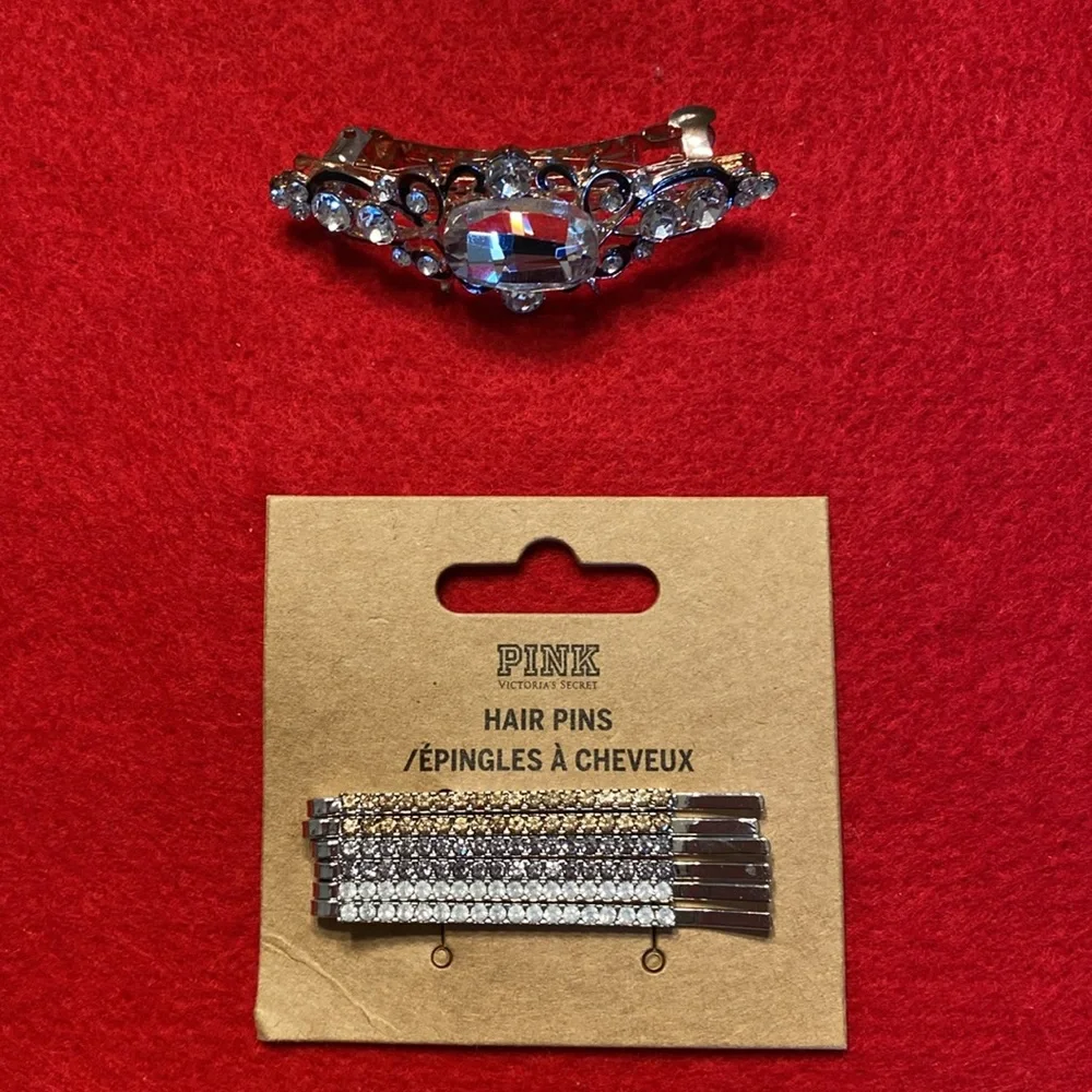 Pink Victoria's Secret rhinestone bobby pins and rhinestone barrette